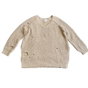 Wildfox Womens Distressed Camel Oversized Chunky knit V Neck Sweater Sz L